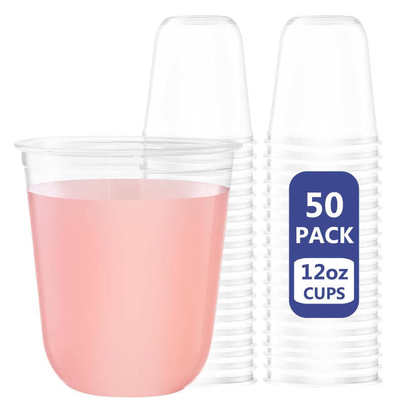 WELLIFE 12 oz Clear Plastic Cups 50 Pcs Disposable Wine Glasses Stemless Cocktail Punch Cups for Party Cold Drinking Wedding Picnic BBQ Birthday